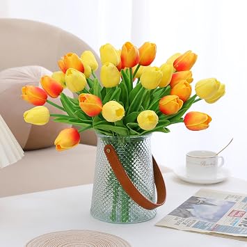 Kisflower Artificial Tulips Latex Tulips 12 Pieces Artificial Flowers with Realistic Touch for Home Office Wedding Decoration (Red and Yellow)