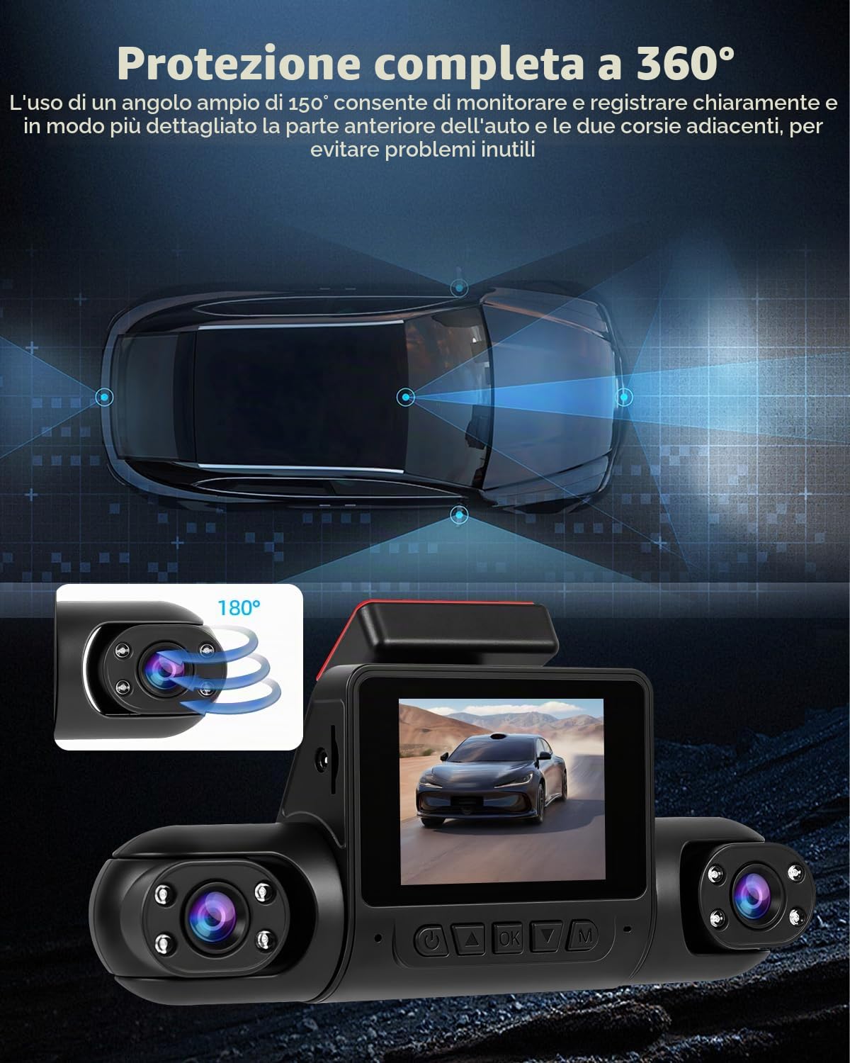 NHOPEEW Dash Cam a 4 canali 1080P – Telecamere anteriori, sinistre, destre e posteriori con grandangolo, display da 2", visione notturna IR, registrazione in loop, rilevamento del movimento