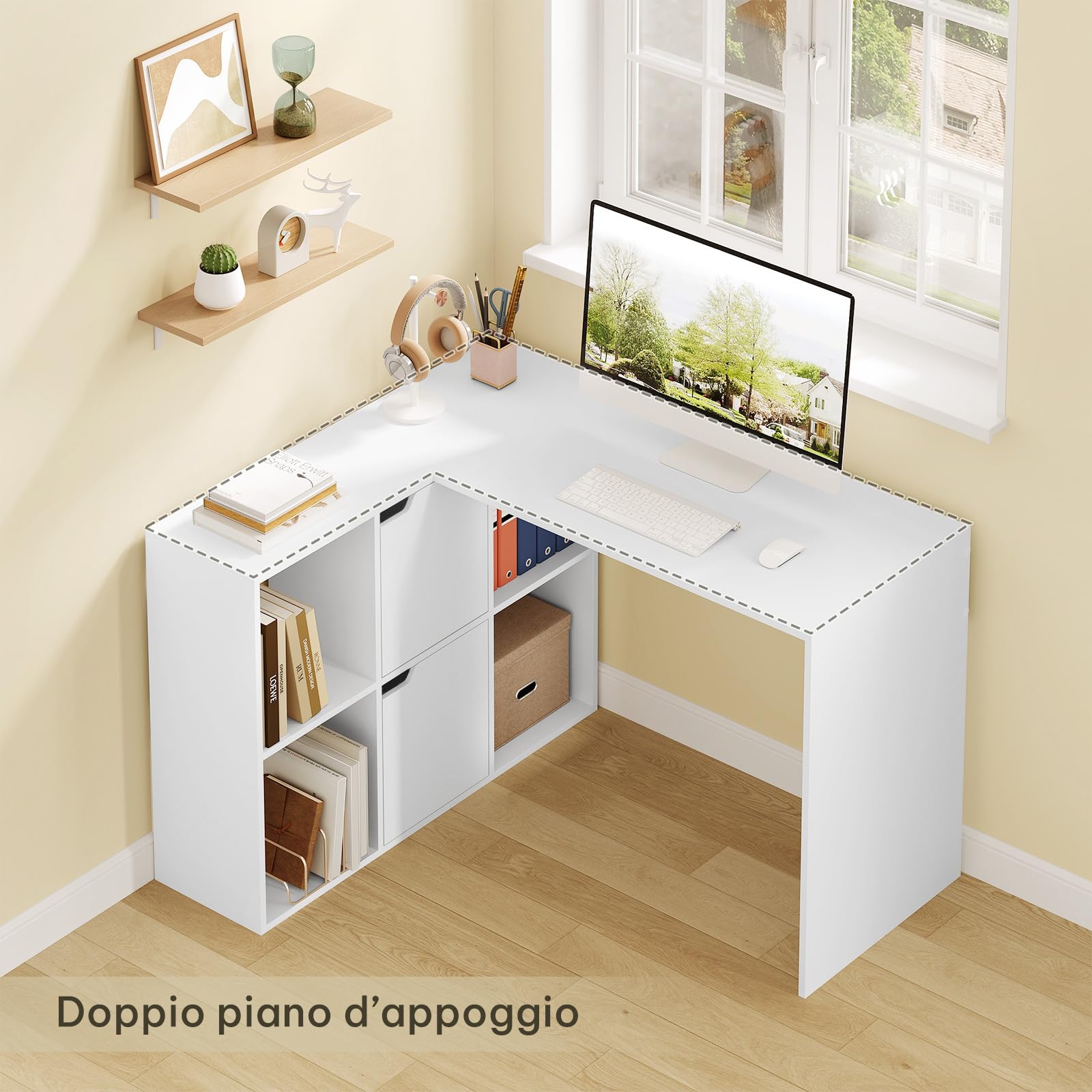 eSituro Scrivania Angolare a L con Libreria, 120 x 100 cm, Bianca | 4 Scomparti Libreria, 2 Armadi, Doppio Piano, per Computer e Studio