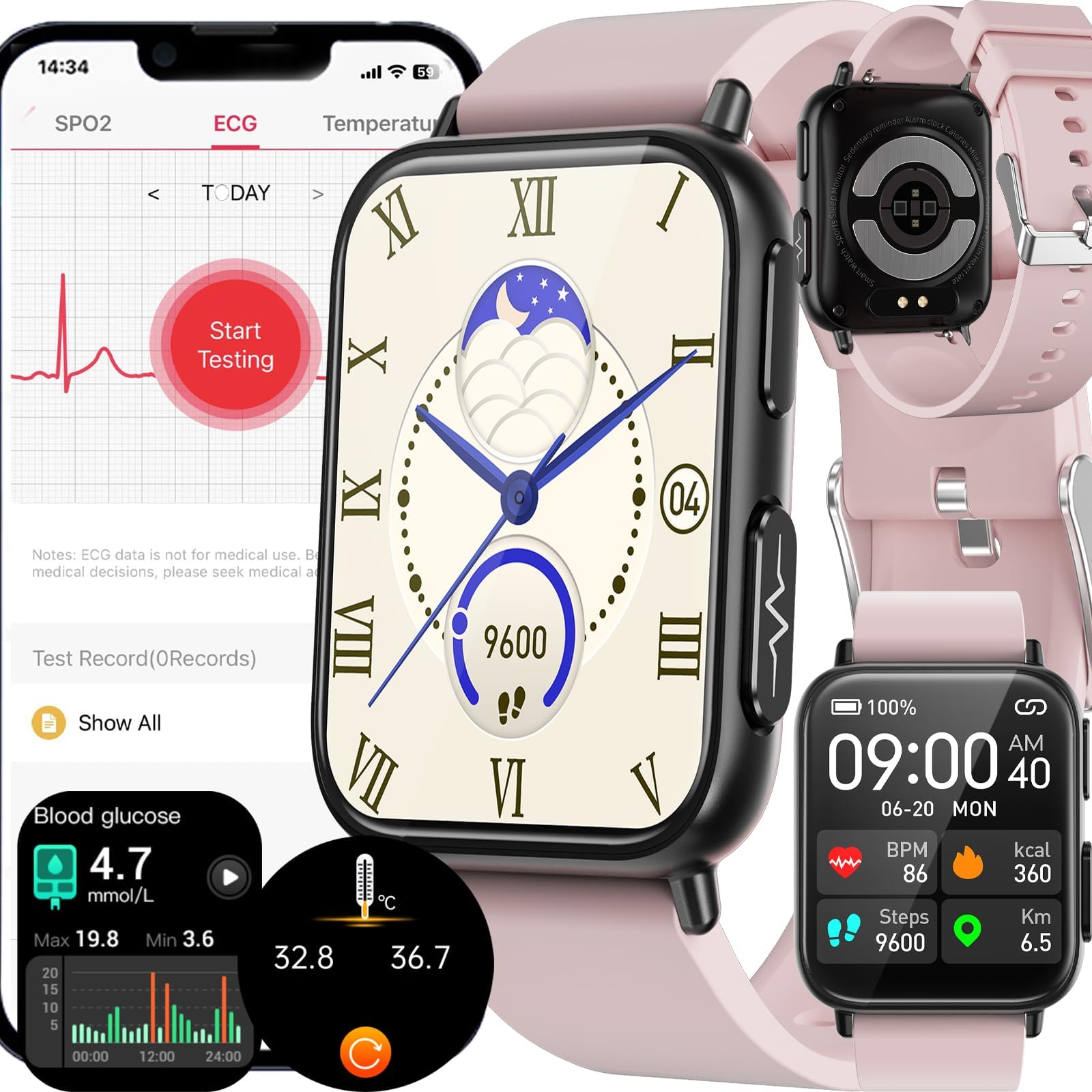 wgzixezn TK10 Blood Glucose Smart Watch for Diabetic, ECG+PPG Fitness Tracker with 24/7 Heart Rate Blood Pressure Oxygen Temperature Monitoring, 9 Sports Modes, Smartwatch for Men & Women,Pink