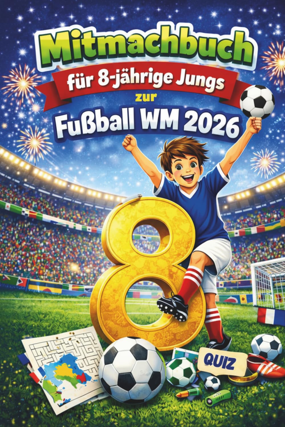 Mitmachbuch für 8-jährige Jungs zur Fußball WM 2026: Das perfekte Geschenk für kleine Fußballfans – voller Rätsel, Spiele und kreativer Mitmach-Seiten rund um die Weltmeisterschaft