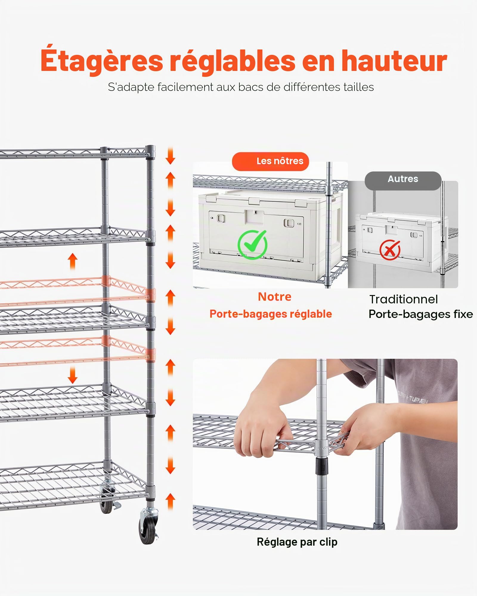 VEVOR Étagère de Rangement Mobile 5 Niveaux Rayonnage sur roulettes 12 Bacs pour Garage, Entrepôt, Bureau, Restaurant, Salle de Classe, Cuisine, en Fil d'acier, avec roulettes Pivotantes et 2 Freins
