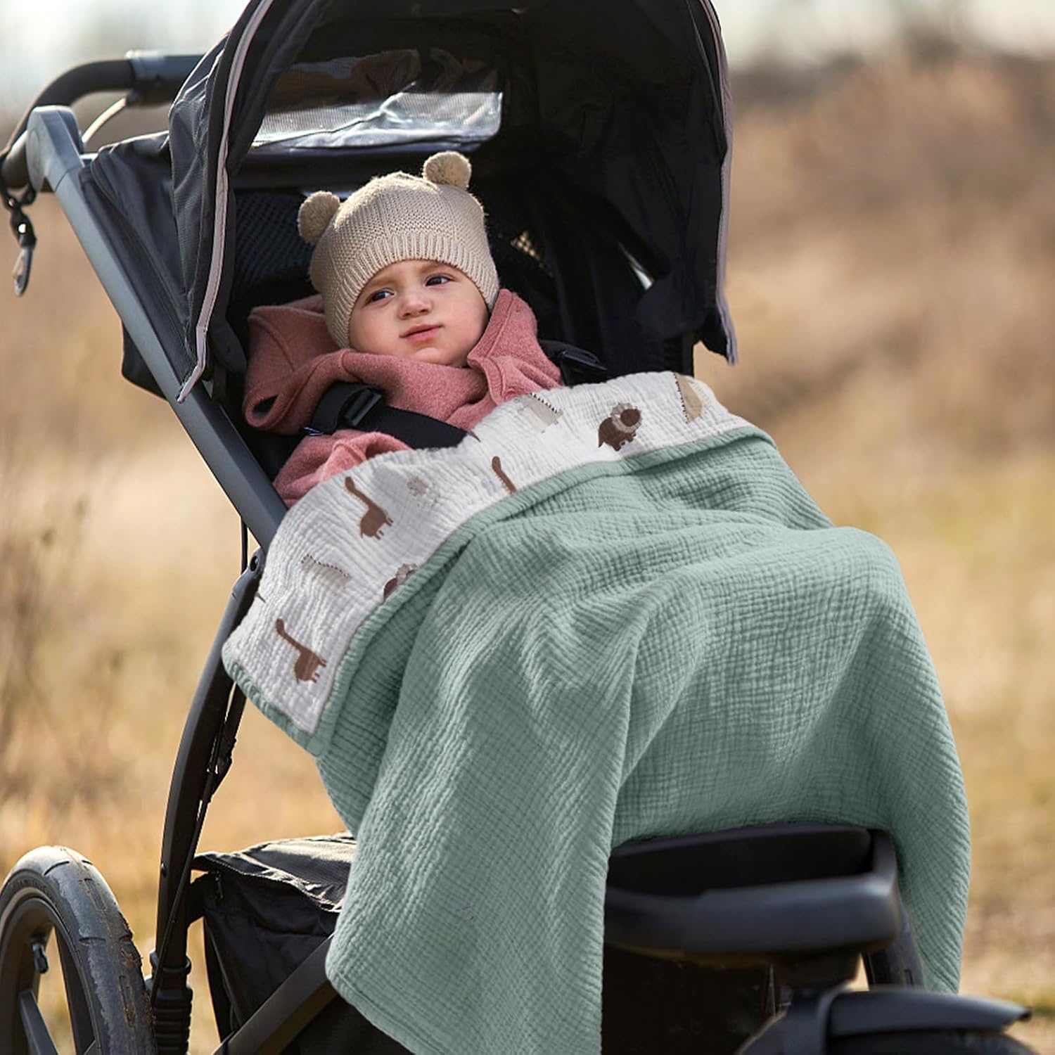 lulumoon Muslin Baby Blanket - Cotton Quilt Blankets for Toddlers - Reversible Nursery Crib Blanket for Baby Boys and Girls 47"x47"(Sage Dinosaur) - Image 9