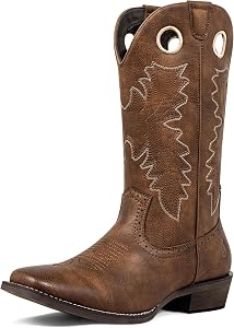J's.o.l.e Cowboy Boots Men Square Toe Western Dress Boots Casual Mid Calf Pull On Riding Boot Brown