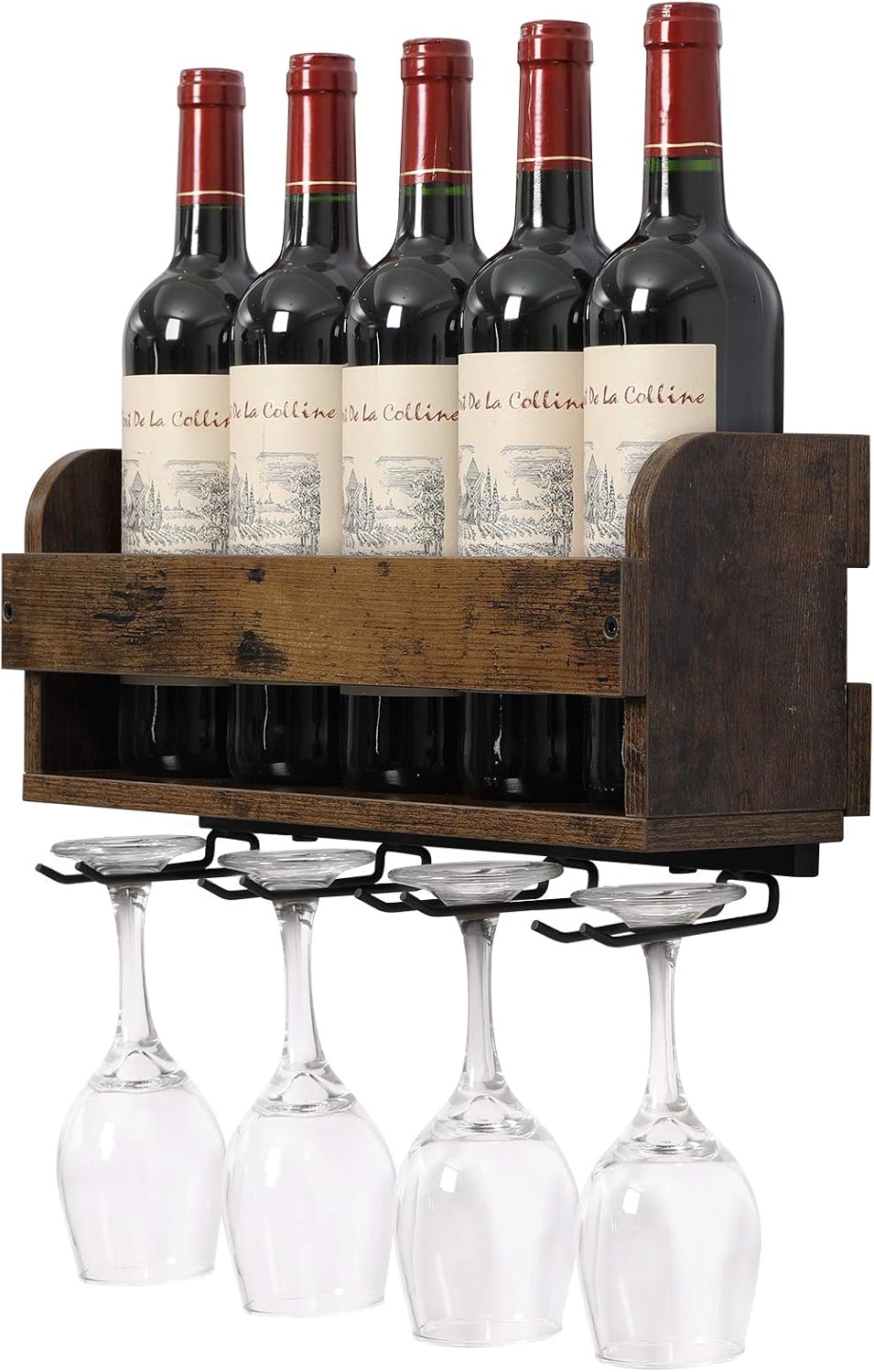 OROPY Vintage Wall Mounted Wine Rack, Holds 5 Wine Bottles and 4 Stemware Glass Holder, Decorative for Home Bar, Dining Room, Kitchen (Retro Color)