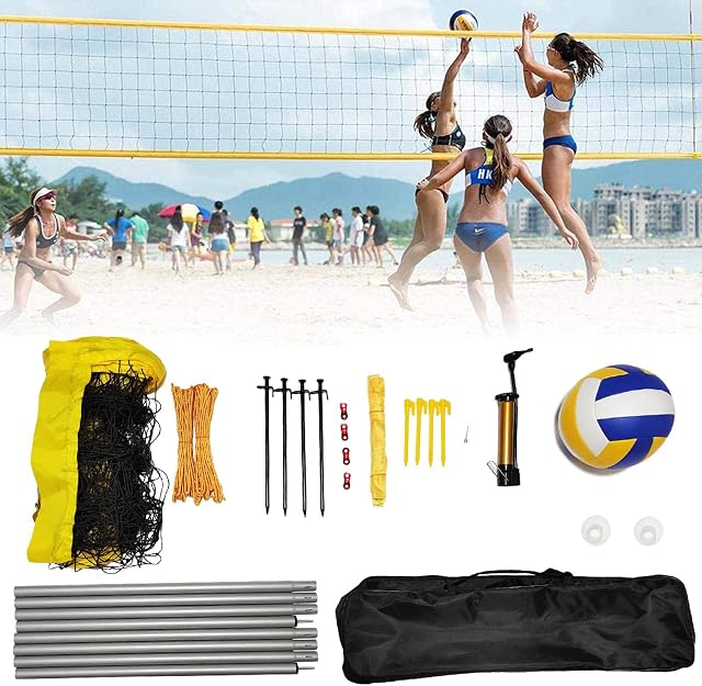 Professional Volleyball Net and Ball Set, Folding Tennis Net Set with Adjustable Height Steel Poles, Strong Nylon Net, PU Volleyball and Carrying Bag, Easy Setup, for Beach, Grass Park, Backyard