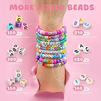 Gionlion 4200Pcs Pony Beads for Bracelet Making Kit, 48 Colors Kandi Beads Bracelet Kit, 2500PCS Rainbow Candy, 1700PCS Friendship Letter Bead with 20 Meter Elastic Strings