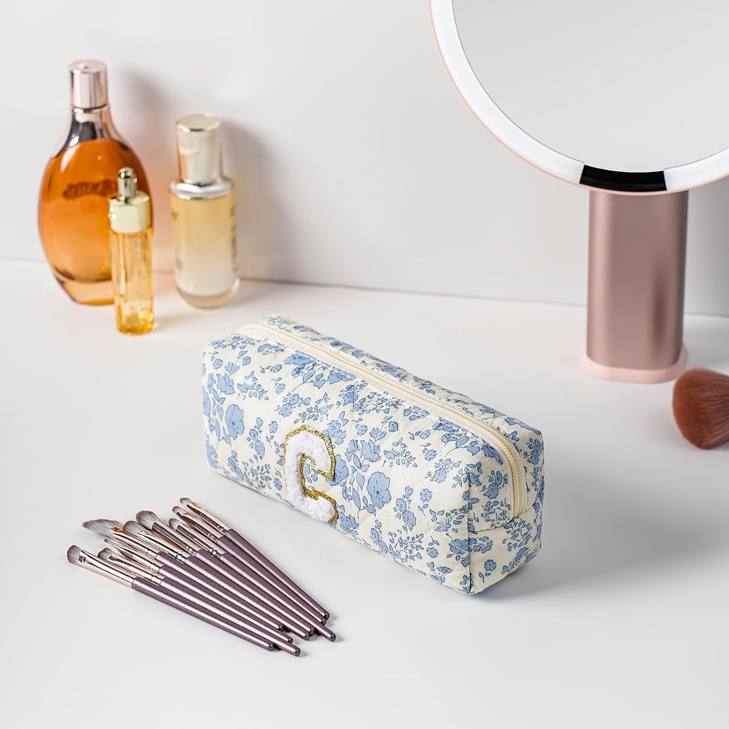 Initial Makeup Bag Cosmetic Bag for Women, Cute Christmas Gifts for Girls, Personalized Blue Floral Coquette Travel Bag, Trendy Stuff Zipper Pouch Make Up Organizer (Blue Floral C) image 3