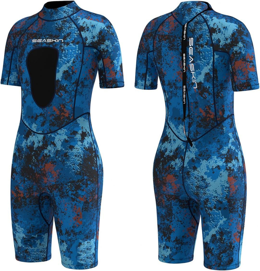 Seaskin Shorty Wetsuit for Womens, 3mm Neoprene Camouflage Diving Suits