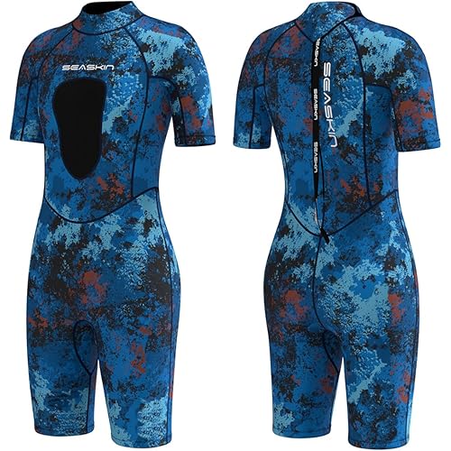 Seaskin Shorty Wetsuit for Womens, 3mm Neoprene Camouflage Diving Suits