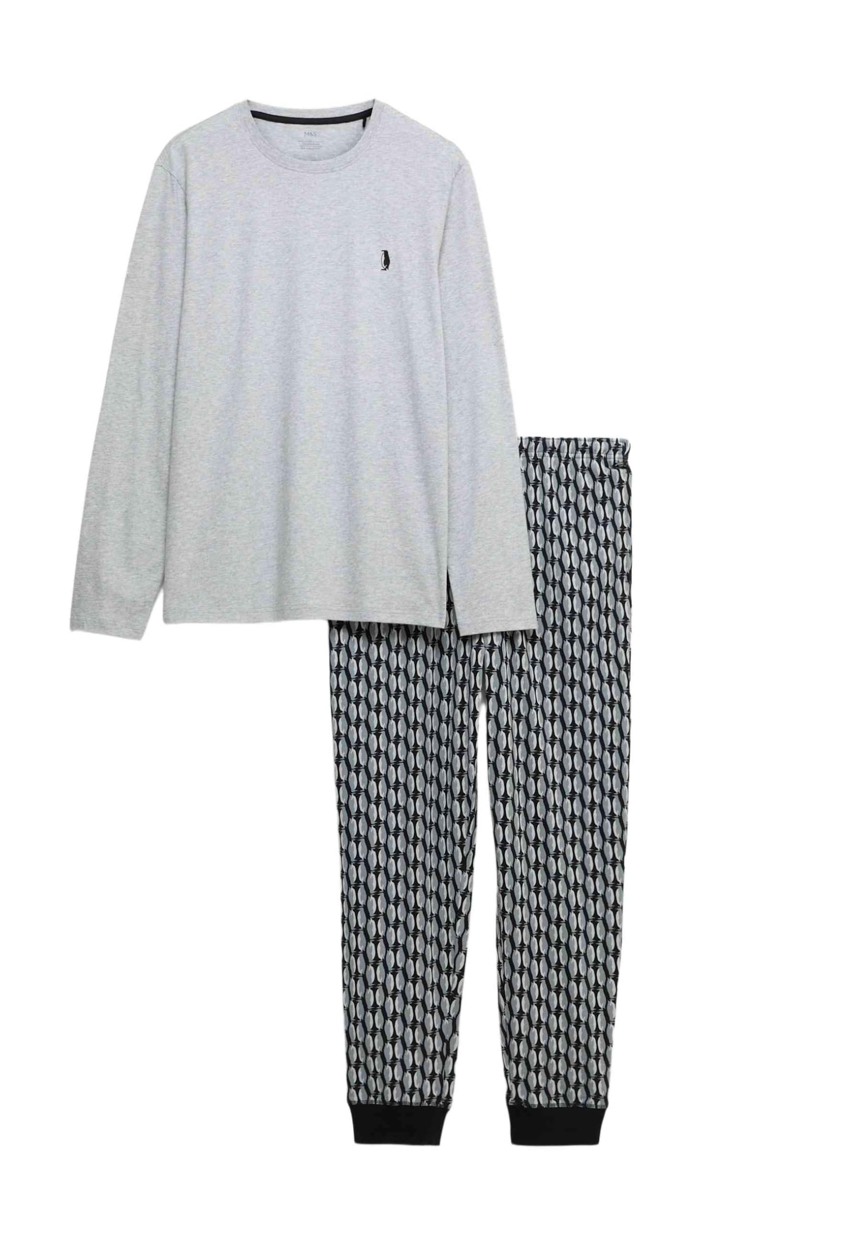 Marks & Spencer Pyjama Imprimé Pingouin Homme en Pur Coton, Coupe Standard, Taille Élastiquée, avec Poches
