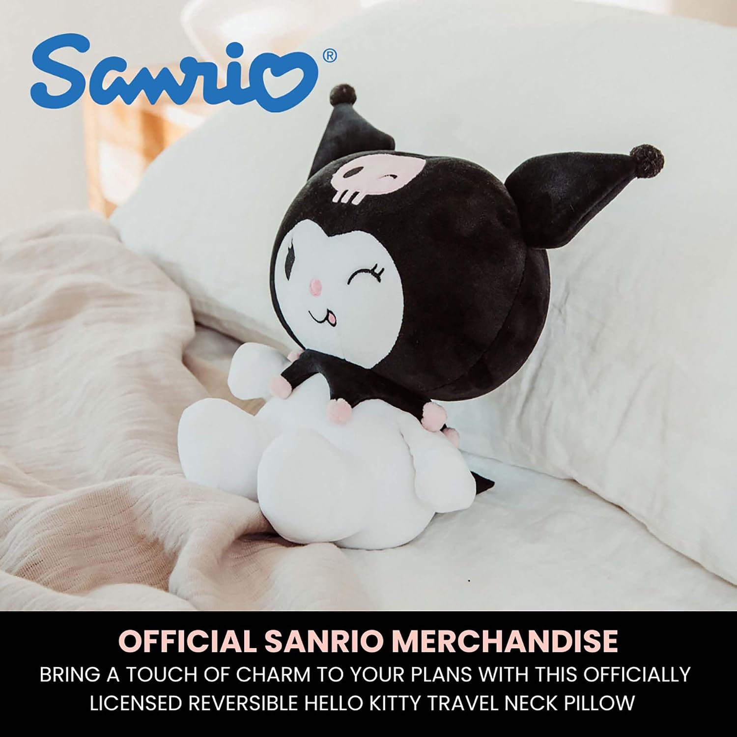Surreal Entertainment Sanrio Kuromi Adult Reversible Neck Roll Pillow and Plush| Travel Essentials for Extra Comfort Support in Airplanes, Cars