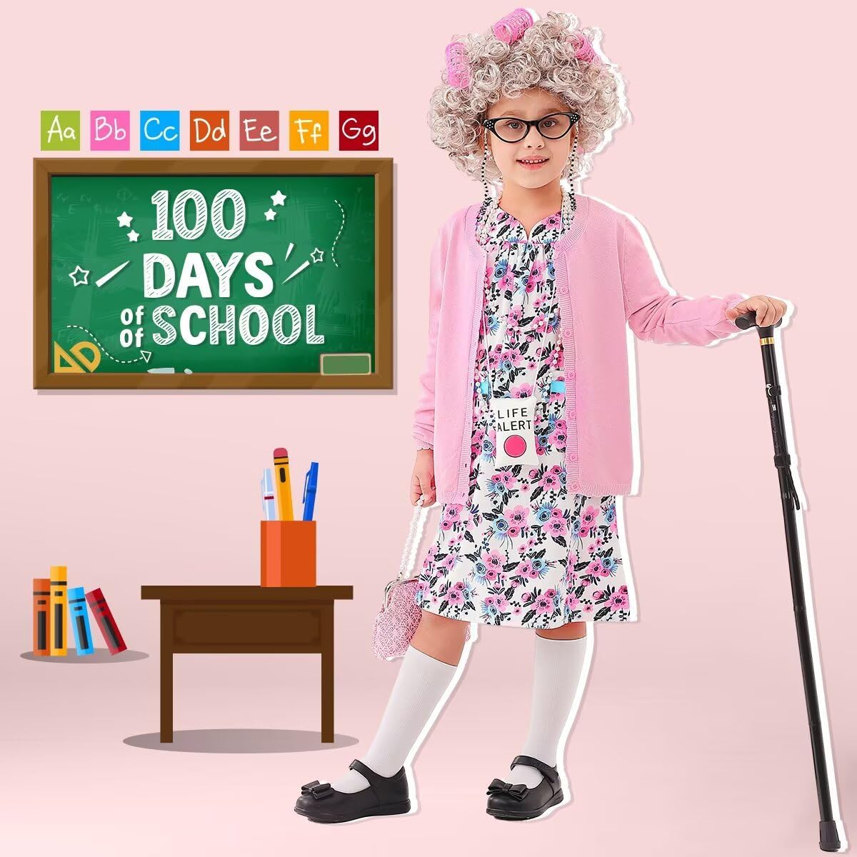 100 days of school old lady costume set with granny dress cardigan old lady wig glasses grandma dress up outfits 13pcs l (8-10yr) pink