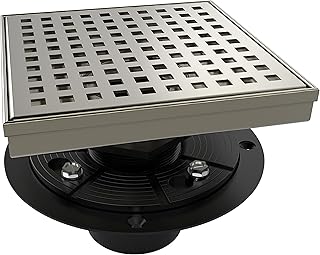6 Inch Square Shower Drain Nickel Floor Drain with Flange Square Holes Pattern Cover Grate Removable SUS304 Stainless Steel Watermark&CUPC Certified Brushed Nickel