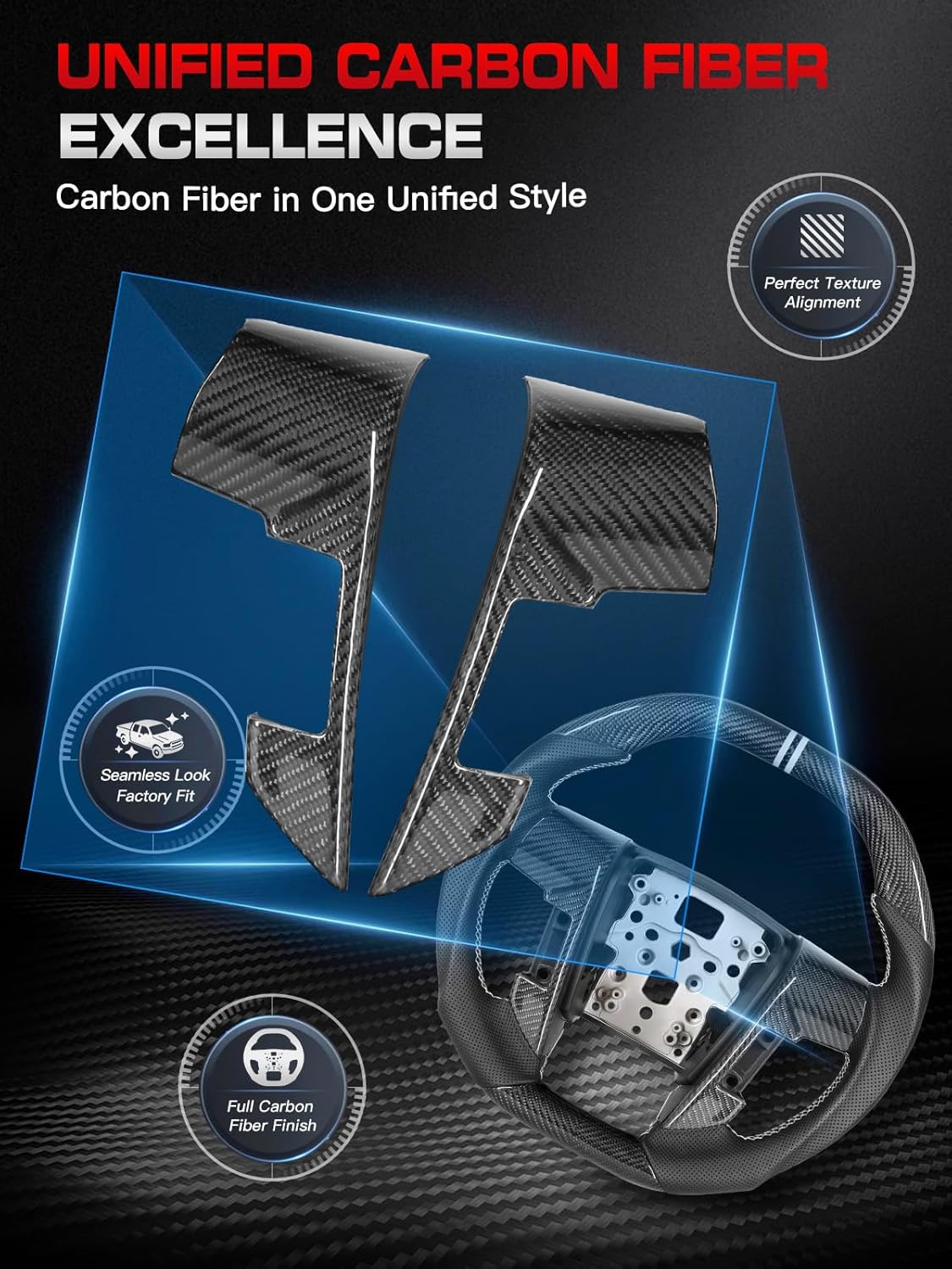 Real Carbon Fiber Steering Wheel for Ford F150 (2009-2014) & SVT Raptor (2010-2014), Double D-Shape, Dual White Stripes & Stitching, Hand-Stitched Nappa Leather
