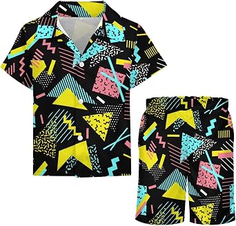 OLGCZM Funny Retro 80s 90s Memphis Boys Hawaiian Shirt Sets Kids Casual Button Down Short Sleeve Shirt 7-8T