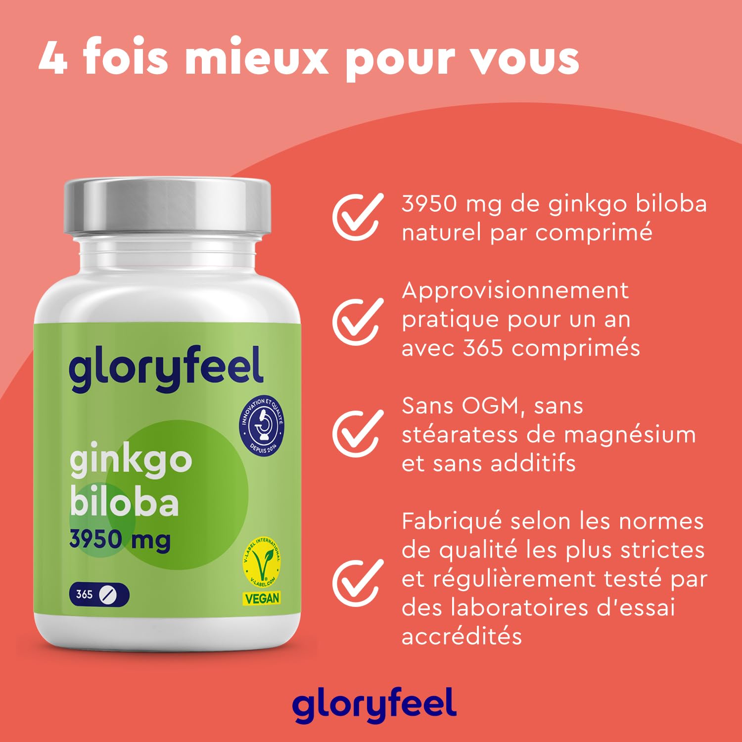 Ginkgo Biloba 3950 mg par Dose Quotidienne, 365 Comprimés, Premium Extrait de 50:1 Hautement Dosé, 19 mg de Flavonoglycosides + 4,7 mg de Lactones Terpéniques, 100% Végétalien et Sans Additifs