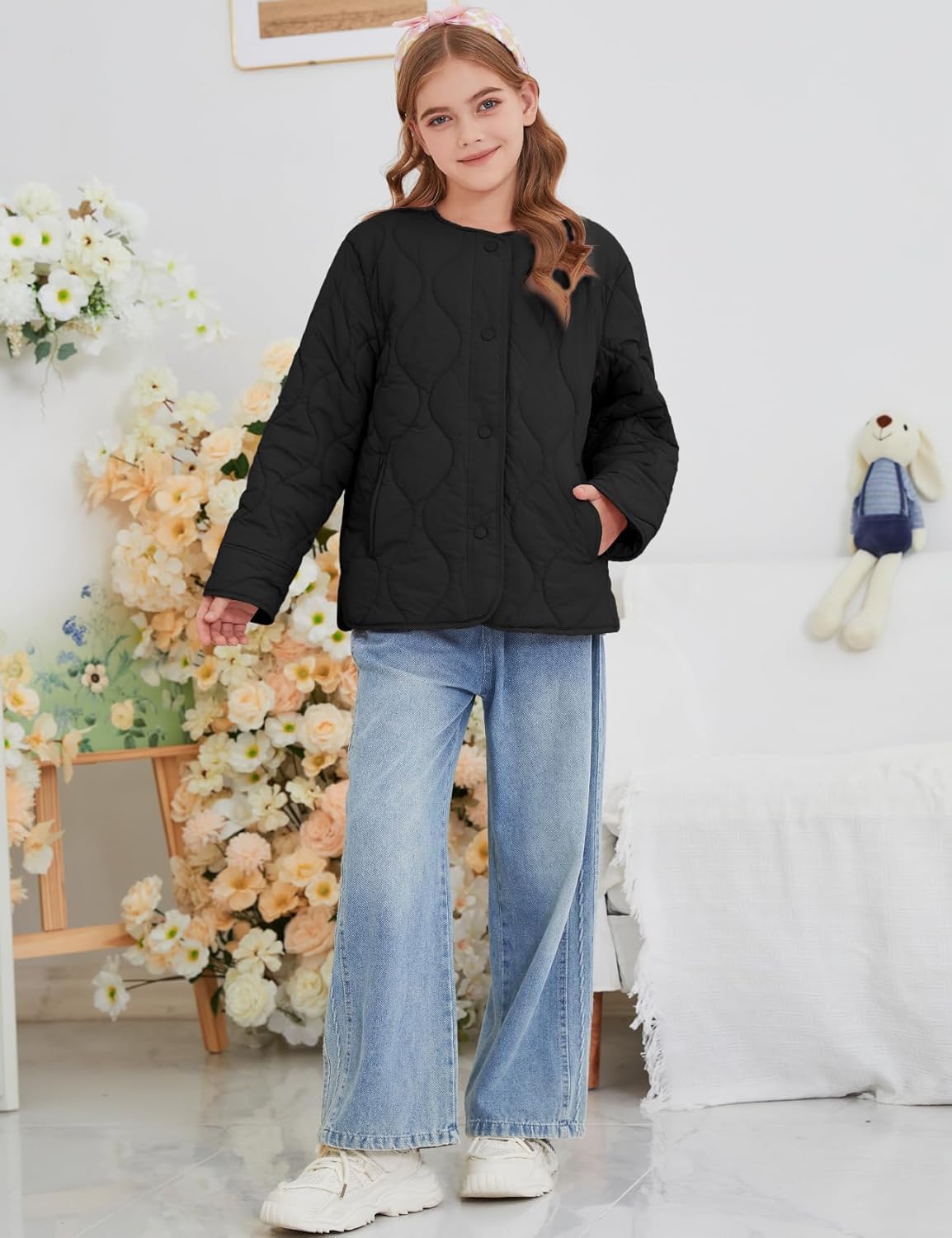 Flygo Girls Lightweight Quilted Jackets Warm Snap Button Puffer Coat Kids Trendy Padded Outerwear with Pockets - Image 5