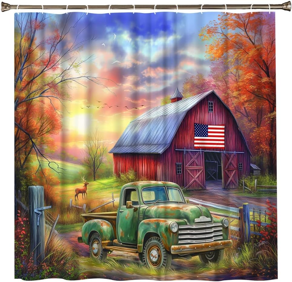 Farmhouse Old Truck Shower Curtain Rustic Wooden Barn Vintage American Classic Antique Car Farm Green Truck Bathroom Decor Set Fabric with Hooks 70Wx90H Inch