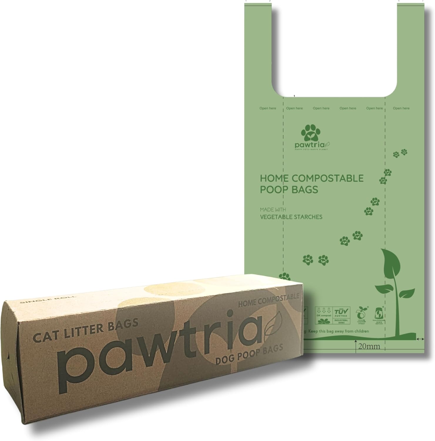 Pawtria Certified Home Compostable Pet Waste Bags (Extra Large, 100 Bags, Handles, Single Roll) Biodegradable Poop Bags, Vegetable Starches, Leak proof Dog Waste Bags, Cat Litter Fit Any Scoop