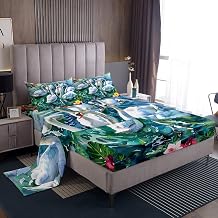 Feelyou White Swan Bed Sheets King Size Botanical Decor Sheet Set Flower Leaves Bed Set for Women Men Animal Sheets 4Pcs,1 Fitted Sheet+2 Pillow Sham+1 Flat Sheet