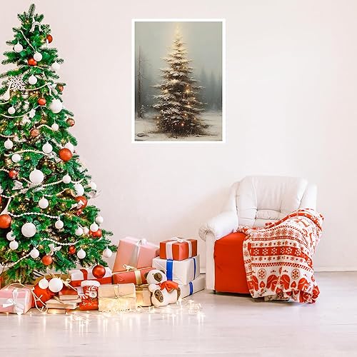 Miniatura 3 de Huabsad Arte de pared vintage con árbol de Navidad, arte retro iluminado de pino de invierno, impresiones estéticas botánicas de escena rústica,