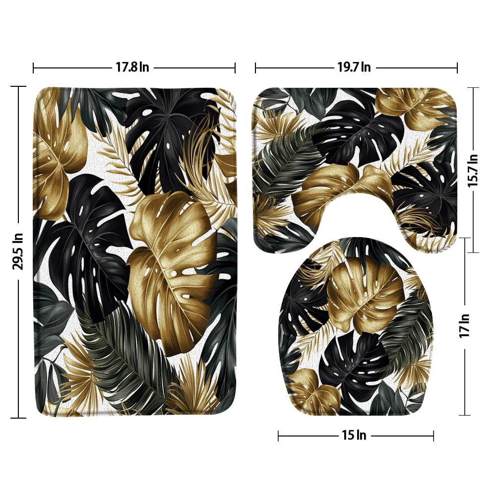 3pcs Black Gold Palm Leaf Bathroom Sets with Non-Slip Rug,Toilet Lid Cover and Bath Mat,Vintage Tropical Monstera Leaves Plant Nature Boho Lush Jungle Botanical Bathroom Carpet Bath Mat Toilet Rugs