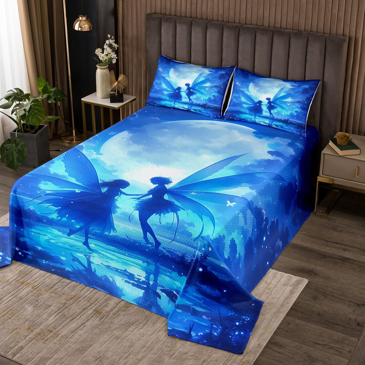Manfei Girly Fairy Quilts Set for Kids Boys Girls,Moon Night 3Pcs Bedspread Coverlet Set,Cartoon Galaxy Sky Clouds Bed Cover Set,Fairy Tale Themed Bedspread Coverlet with 2 Pillowshams (Queen)