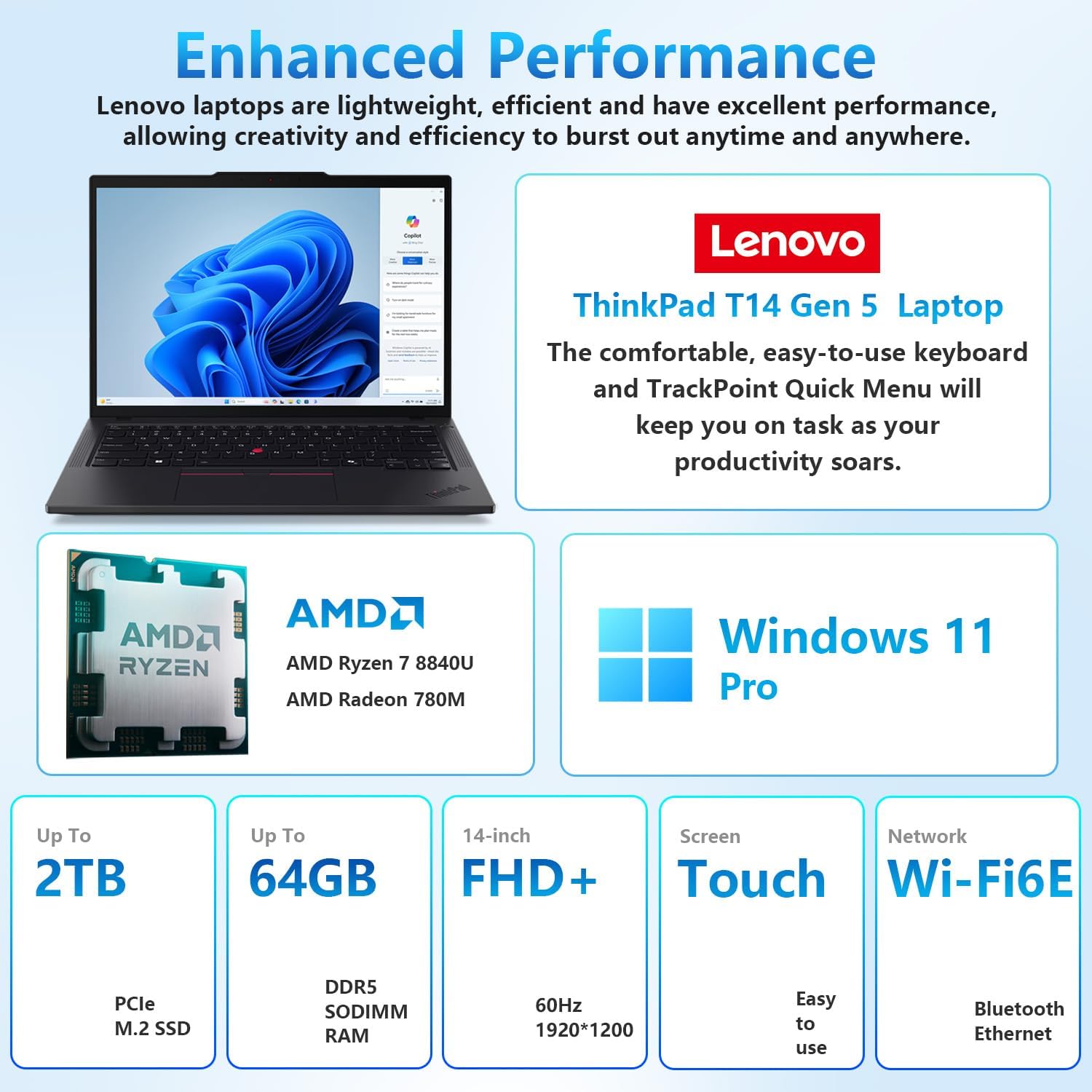 Lenovo ThinkPad T14 Business Laptop, 14" FHD+ Touchscreen, AMD Ryzen 7 8840U, AMD Radeon 780M, 16GB DDR5, 512GB SSD, Backlit KB, Fingerprint, Wi-Fi 6E, Win 11 Pro, Bundle with Targus Docking Station