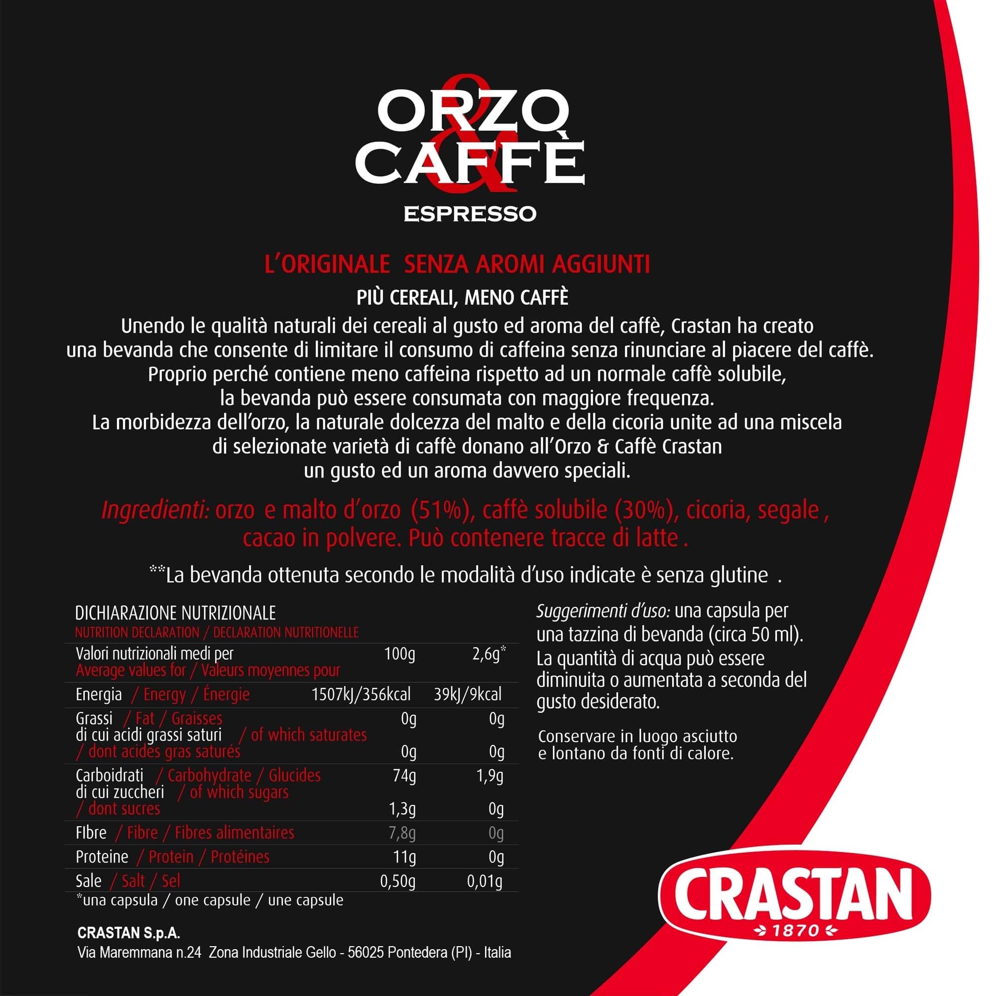 CRASTAN 1870 - Capsule compatibili Nespresso - Orzo & Caffè - 6 Box da 15 Capsule - Da zuccherare