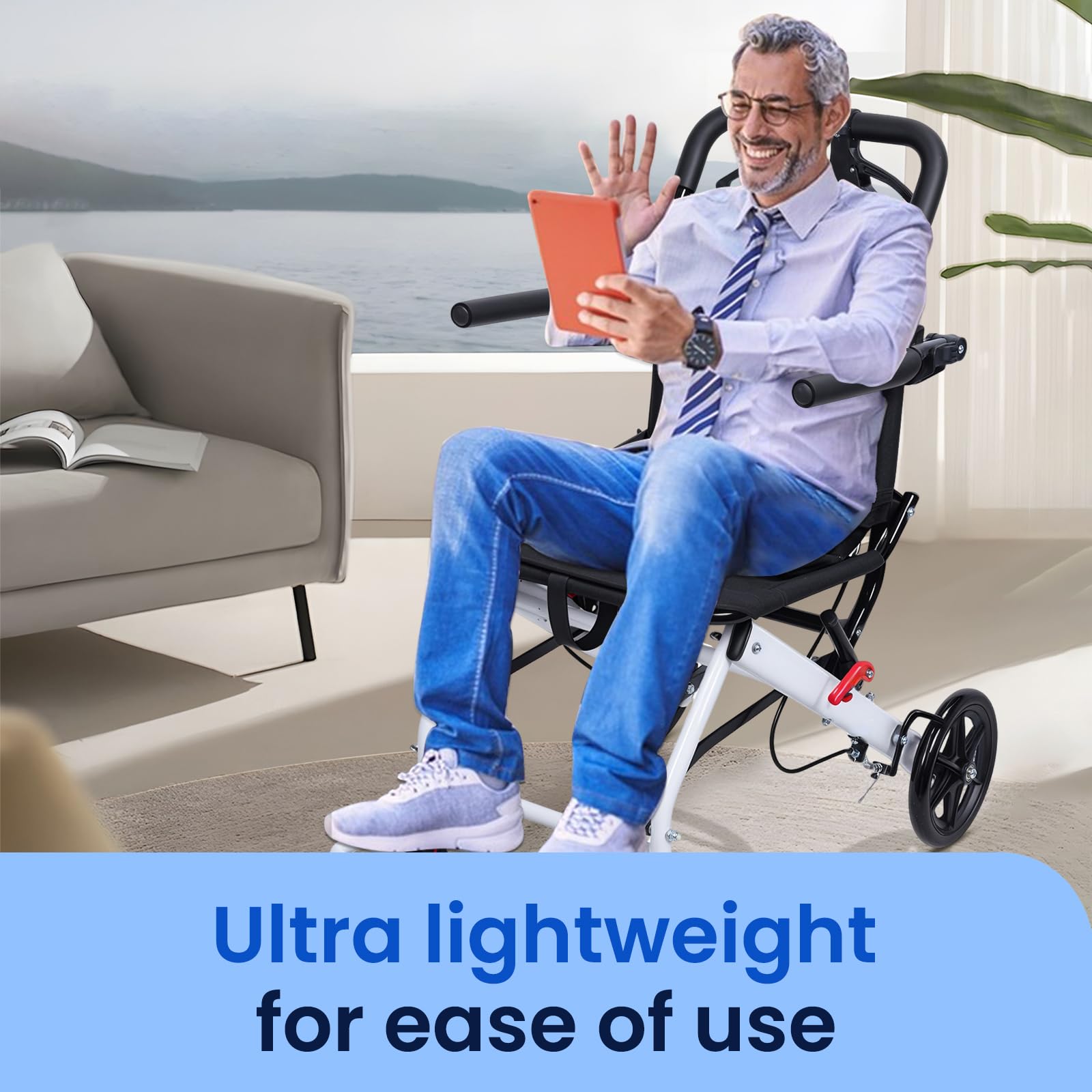 Silla de ruedas plegable para adultos | 8.2 kg ultraligera | Sillas de ruedas de transporte para personas mayores | Frenos de mano | Sillas de ruedas ligeras para viajes | Ideal para transporte en