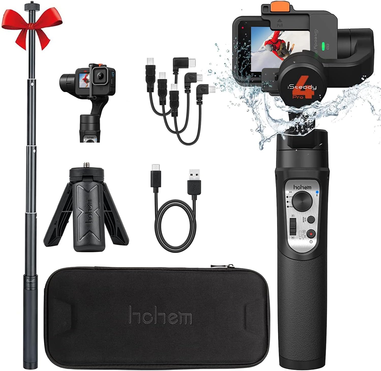 Hohem iSteady Pro 4 Gimbal 3-Axis Stabilizer Compatibility for Action Camera Gopro Hero 11/10/9/8DJI OSMO Action 3, Splashwaterproof,with Tripod and extra Extension Rod