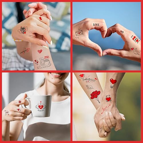 Miniatura 5 de 75 tatuajes temporales del día de San Valentín para mujeres y niños, 12 hojas de calcomanías de tatuaje de flores de corazón rojo y negro para