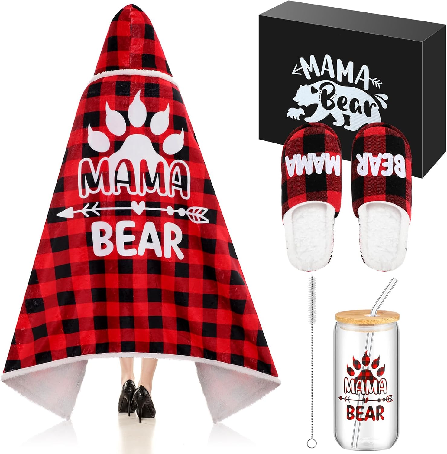 4 Pcs Christmas Blanket for Mom Mama Bear Gifts from Mama Daughter Son Bear Wearable Blanket Slippers Cup Gift