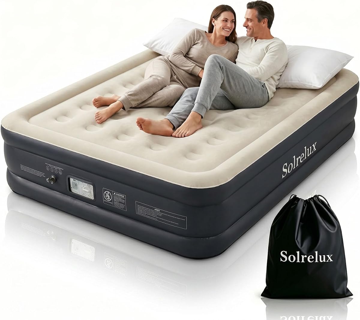 Colchón de aire Queen con bomba incorporada, colchón inflable elevado de 18 pulgadas, cama de aire flocada con viga de columna de aire a prueba de fugas con bolsa de almacenamiento, cama portátil máxima de 650 libras para el hogar, invitados y camping