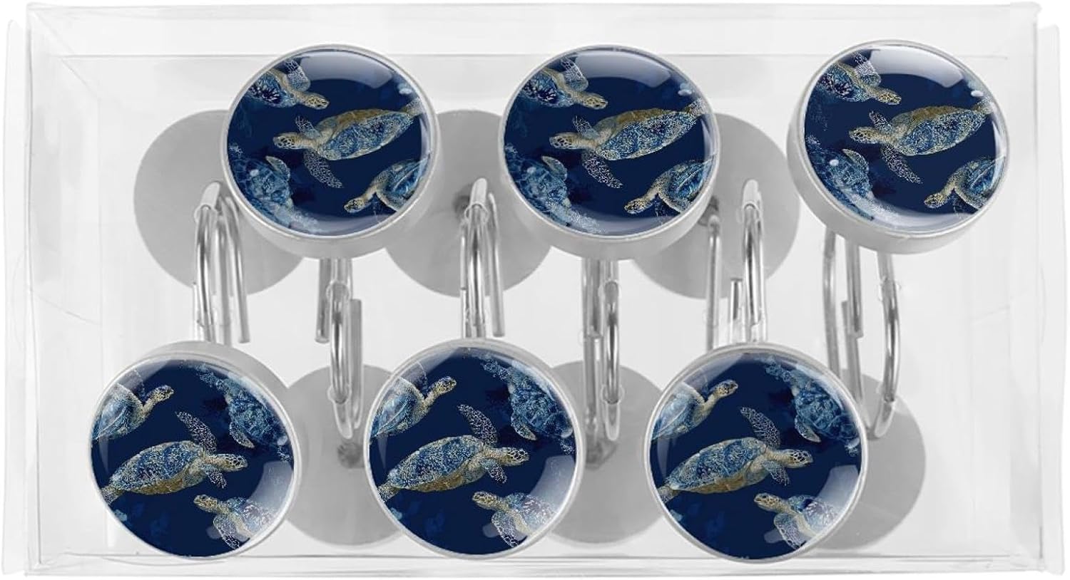 12PCS Art Sea Turtles Navy Blue Shower Curtain Hooks Rings for Bathroom, Decorative Shower Curtain Hooks Rods Curtains and Liner