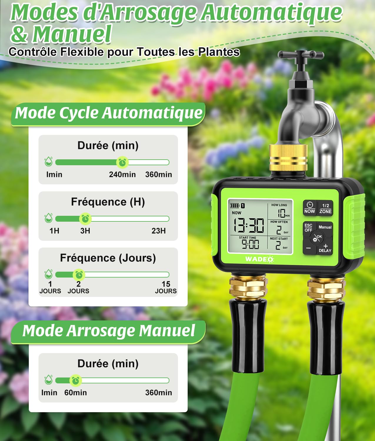 WADEO Programmateur Arrosage 2 Zones Indépendant – 2 Voies, Entrée/Sortie Laiton, Écran LCD, Modes Auto/Manuel/Délai Pluie/Verrouillage Enfant, Arrosage Automatique pour Jardin et Pelouse