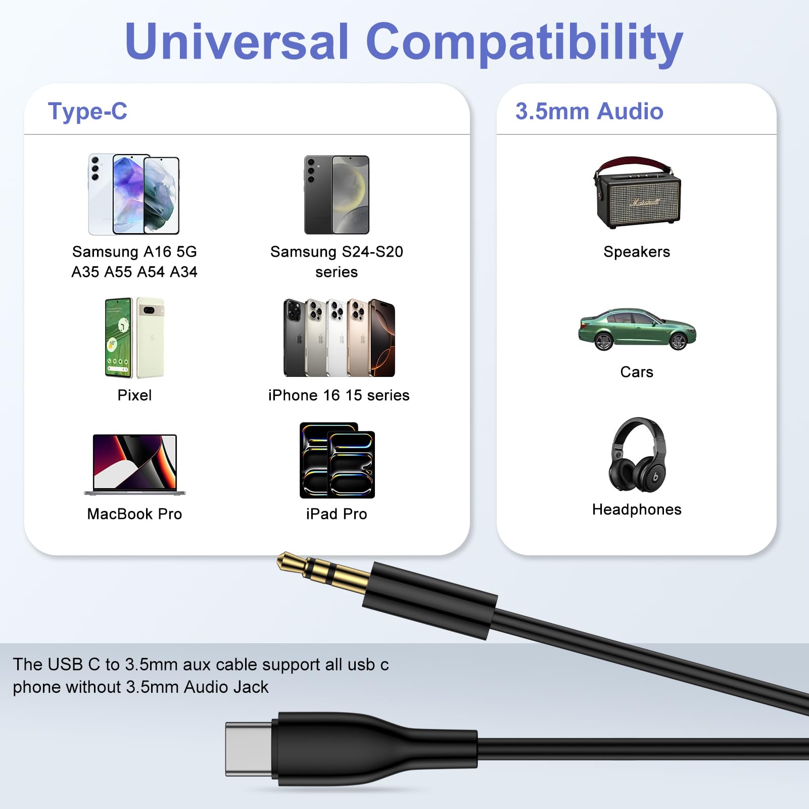 Cable USB C a conector auxiliar de audio Samsung de 3,5 mm, tipo C a conector de auriculares de 3,5 mm, cable estéreo de coche para Galaxy S25 Ultra S25 Edge Plus A17 A16 5G A35 S24 FE S23 S22 S21 Z