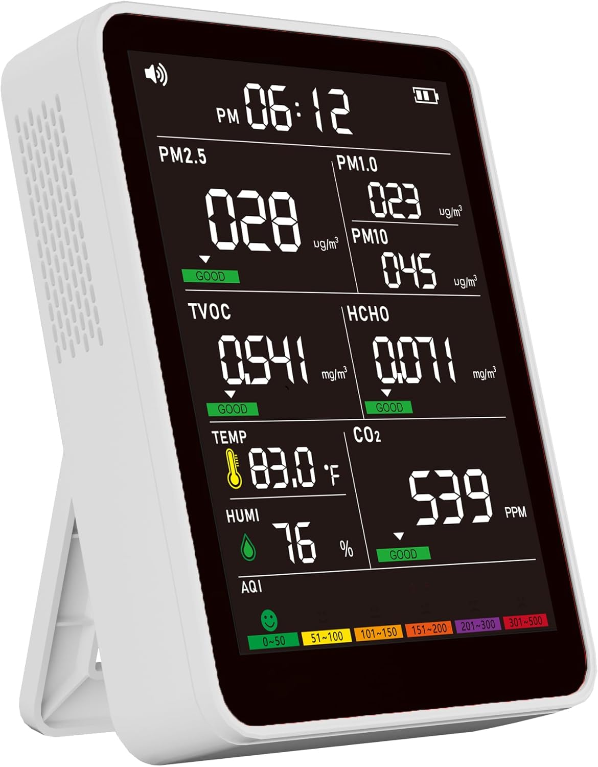Air Quality Monitor Indoor with 9 AQI & 7 AQI Buzzer Alarm Functions, 16 in 1 Portable Real-Time Detector with PM1.0/2.5/1.0 | CO2 | TVOC | HCHO | Temp | Hum for Home Cars Plants and Pets