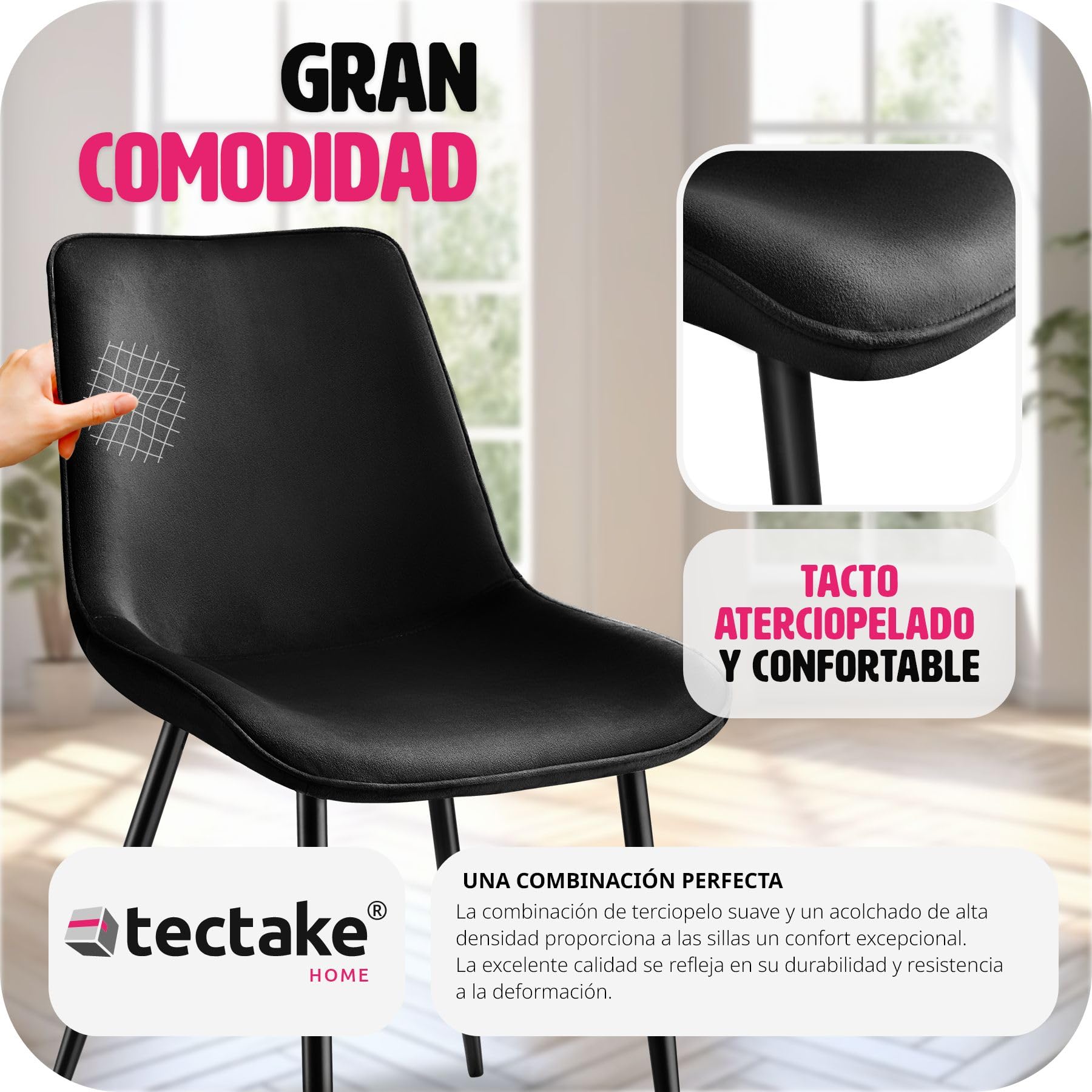 tectake® Juego de 2 Sillas de Comedor, Sillas Salón Aterciopeladas, Silla Tocador Ergonómica, Sillas Comedor con Patas de Acero y Topes, Silla Terciopelo con Gran Respaldo y Acolchada - Negro