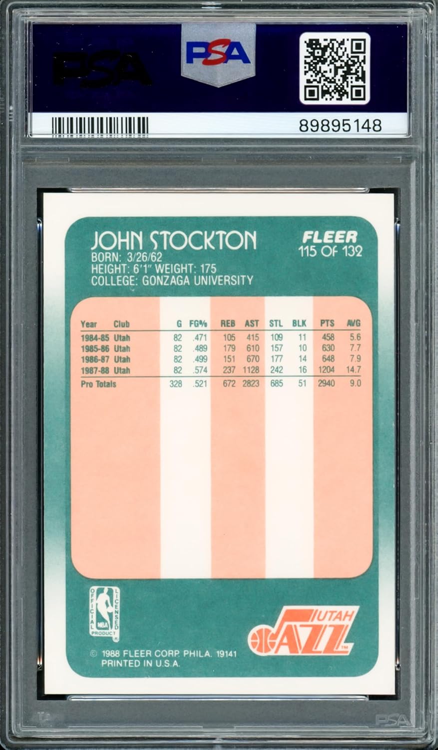 John Stockton Autographed 1988 Fleer Rookie Basketball Card #115 PSA 9 Auto Grade Gem Mint 10 PSA/DNA #89895148
