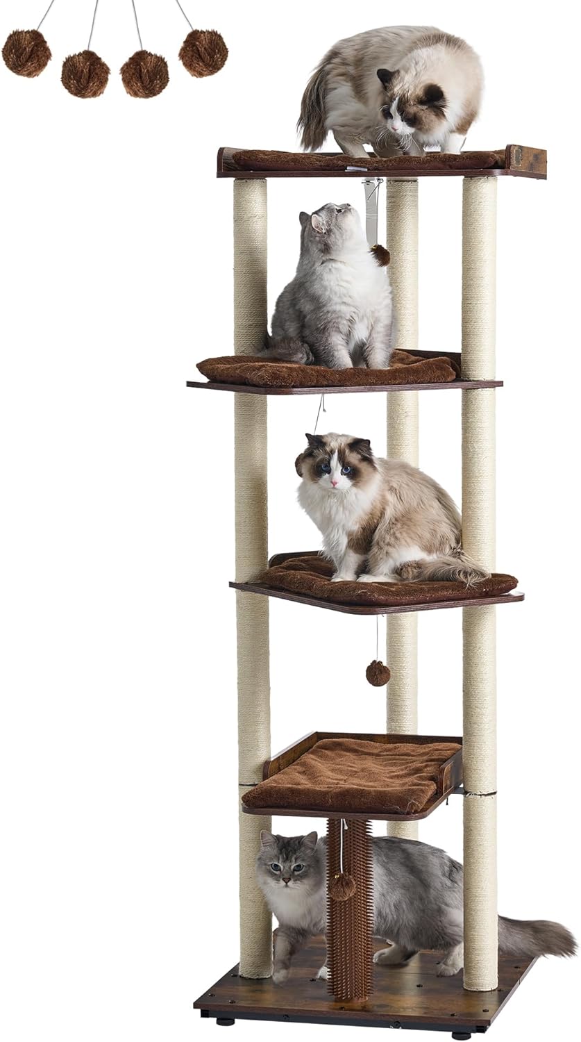 FourFurPets Heavy Duty Cat Tree, 67.7" Cat Tree for Indoor Cats Large Adult, Modern Cat Tower for Large Cats, Cat Tower with Scratching Post, Large Perch and Removable Pads, Rustic Brown