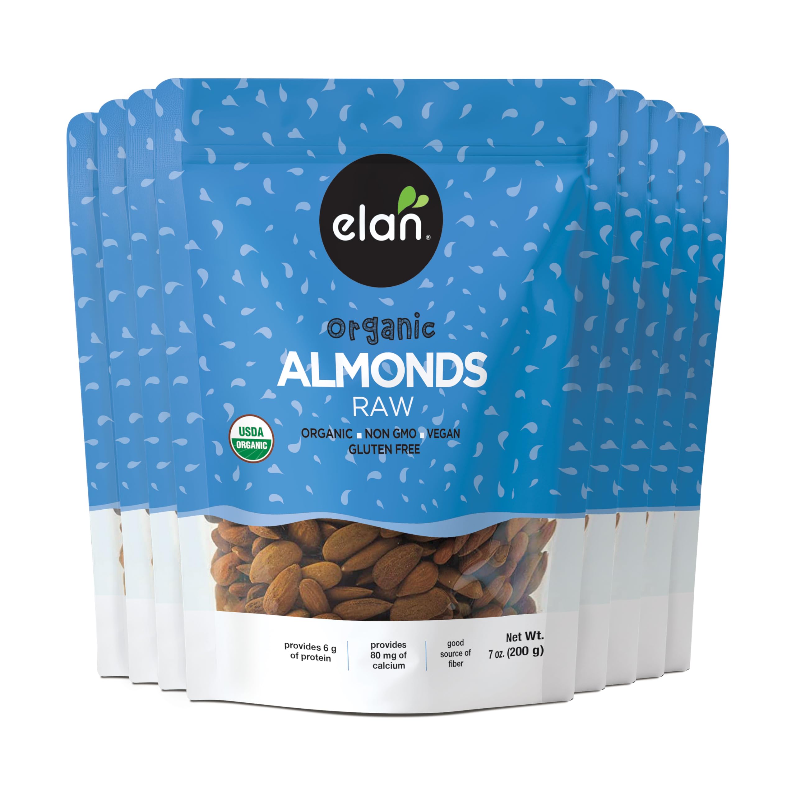 Elan Organic European Raw Almonds, 8 pack of 7.0 oz, Unsalted, Unroasted, Raw Nuts, Non-Gmo, Vegan, Gluten-Free, Kosher, Healthy Snacks