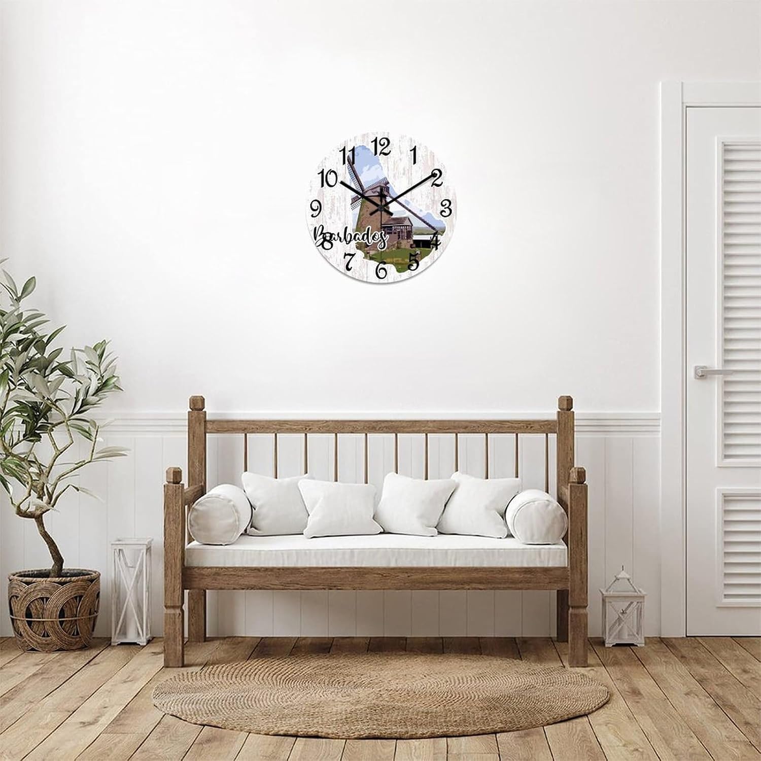 Barbados Landmark Landscape Wood Wall Clock Barbados Map Numeral Clocks 12in Silent Non-Ticking Battery Operated Funny Round Wall Clock Decoration for Home Living Room Bedroom