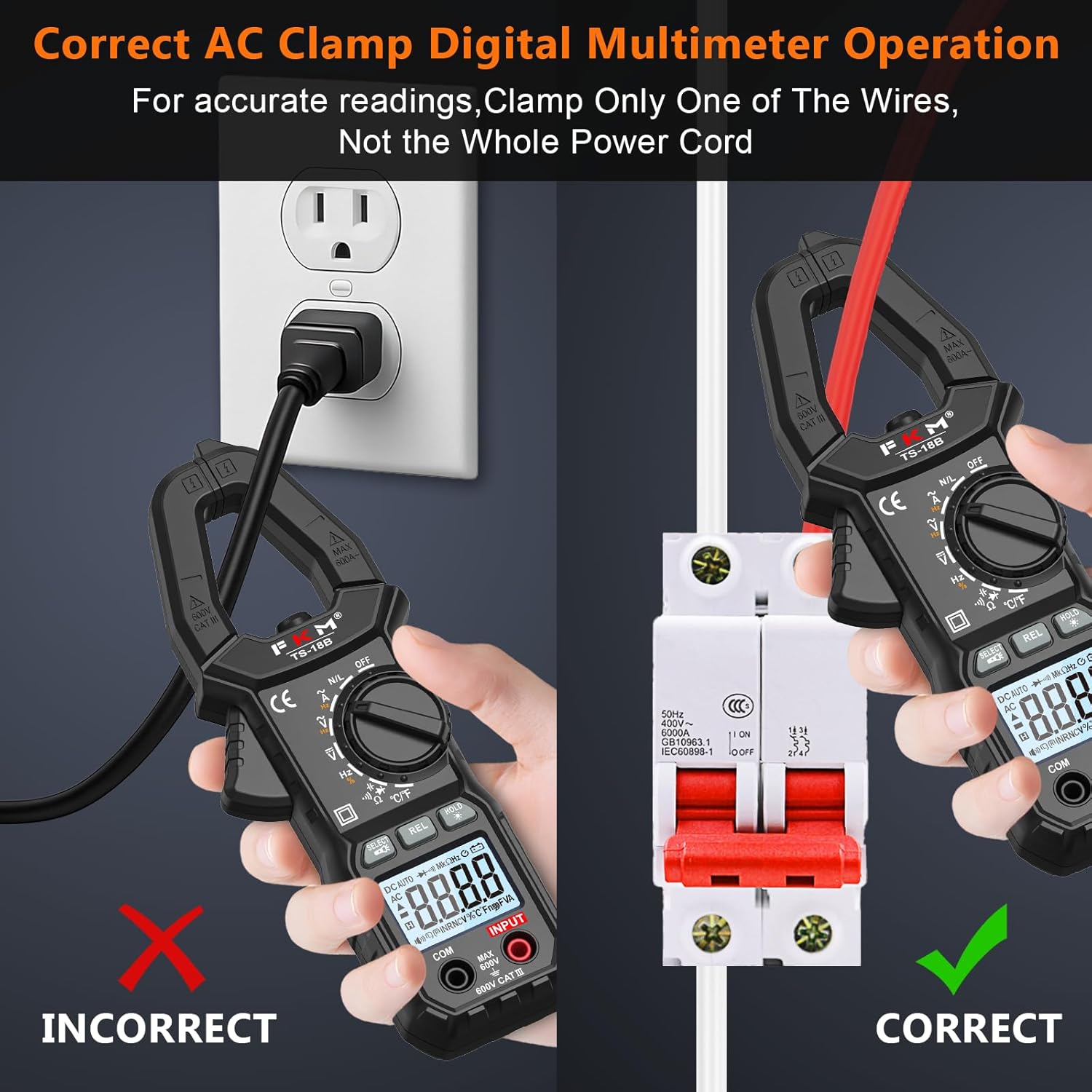 Correct and incorrect methods of clamping a wire for AC current measurement
