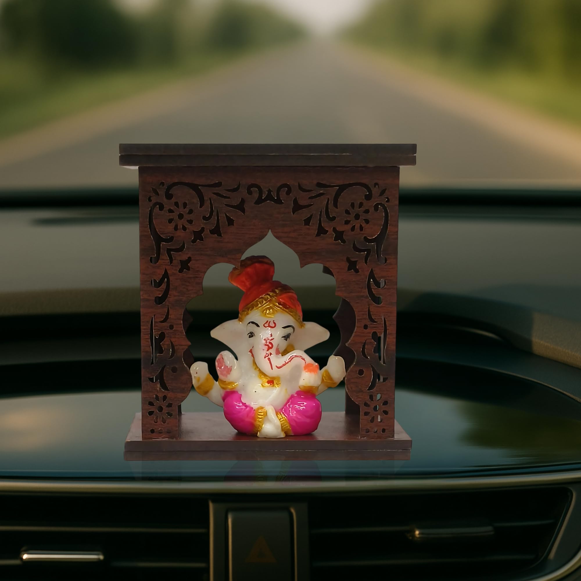 EXPLEASIA Pagadi Ganesha Idol with Wooden Temple for Home mandir| car Dashboard| Gift Items | Festival Item| showpiece| Temple Decor - Image 2 thumbnail