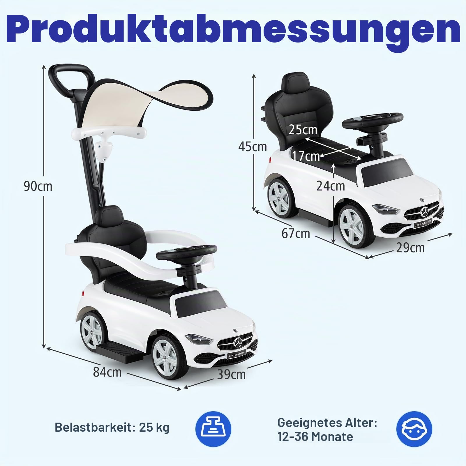 SOARS 3-in-1 Mercedes-Benz Rutschauto, Rutschfahrzeug mit Abnehmbarer Schiebstange, verstellbarem Sonnendach, Hupe, Stauraum, Spielzeugauto für Kinder ab 1 Jahr (Weiß)