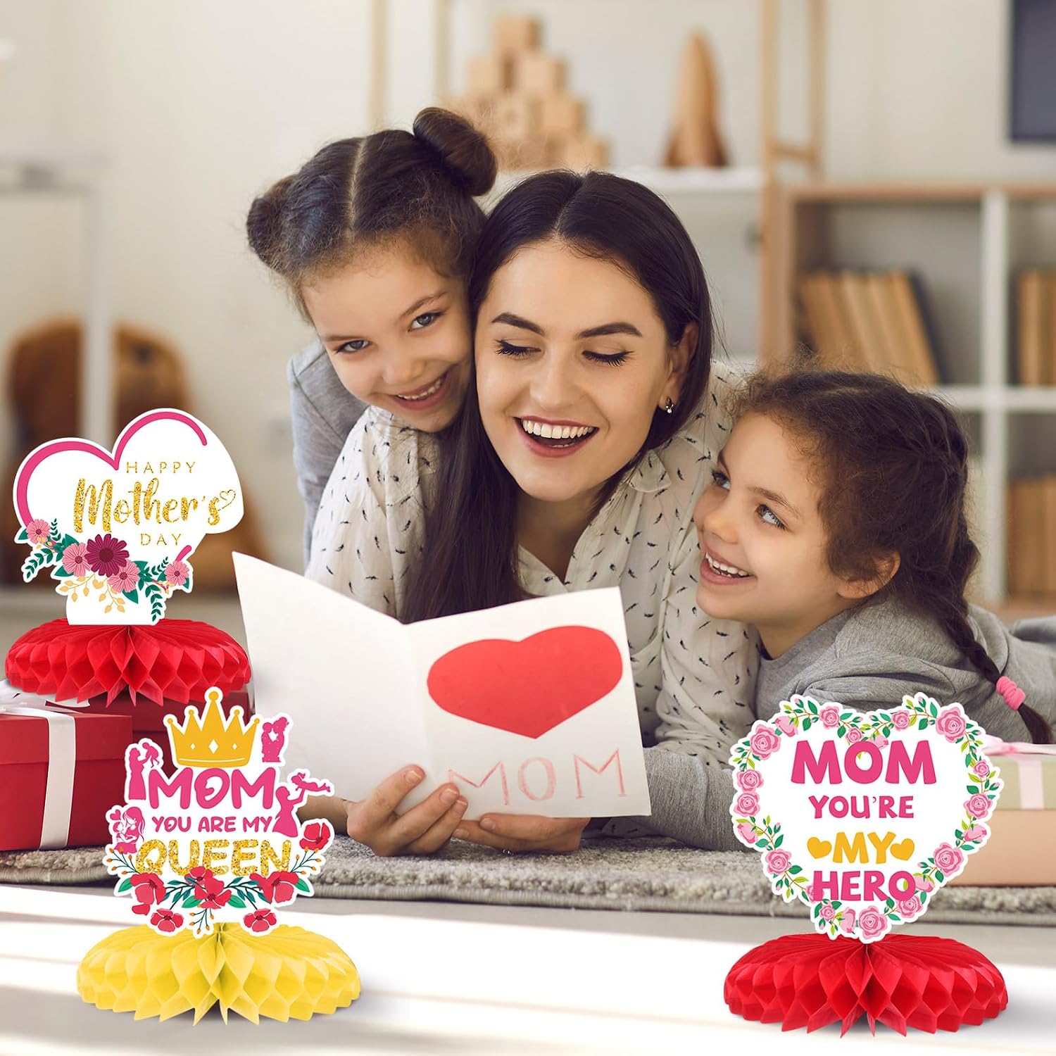 Yexiya 9 Pcs Red Pink Mother's Day Honeycomb Centerpieces Table Decorations image 3
