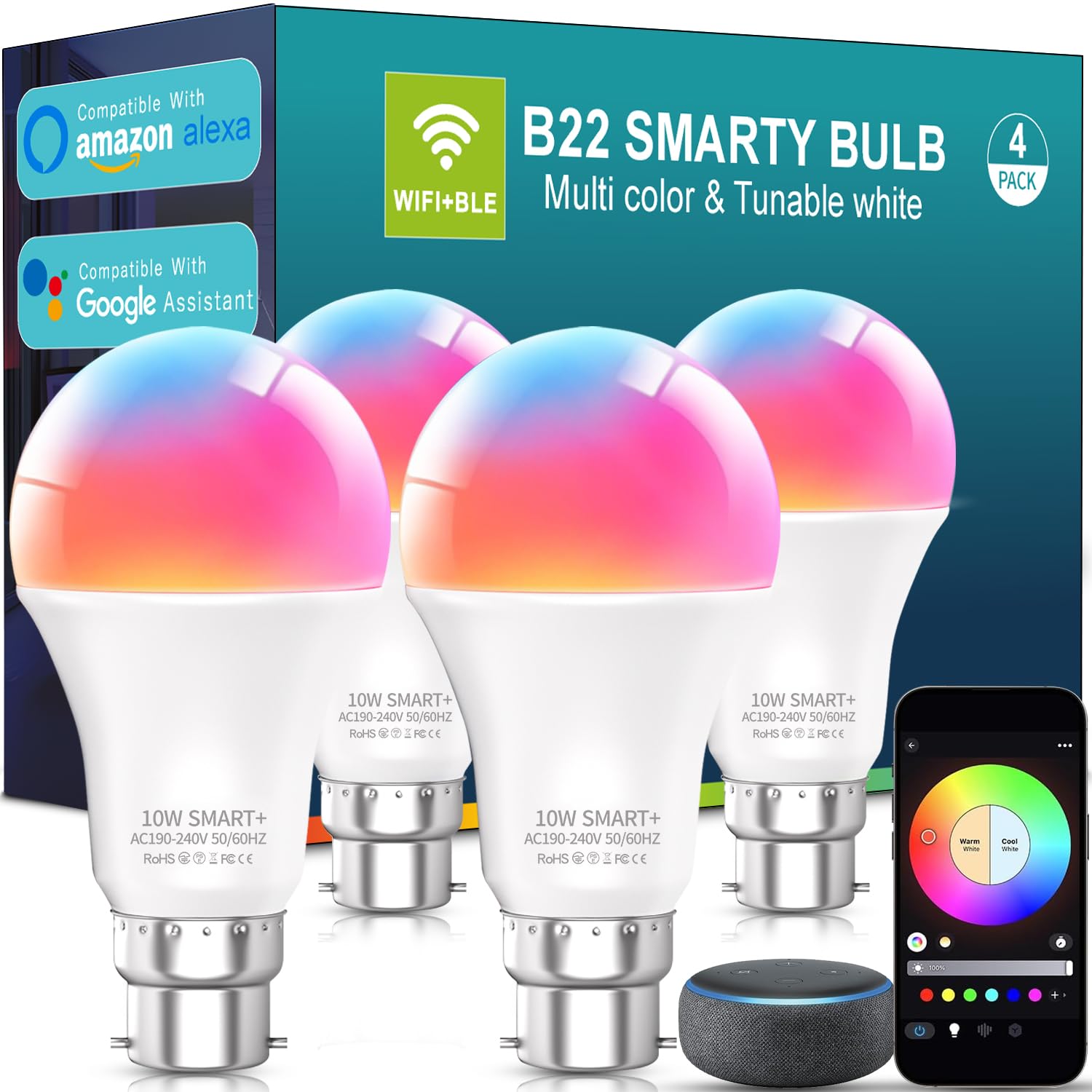 KeepsmileB22 Smart Light Bulbs, 10W WiFi Bluetooth Music Sync Color Changing RGBWW Smart Bulbs That Work with Alexa, Google Assistant & Google Home, Dimmable 800LM & 16 Million Colors LED Bulb (4)