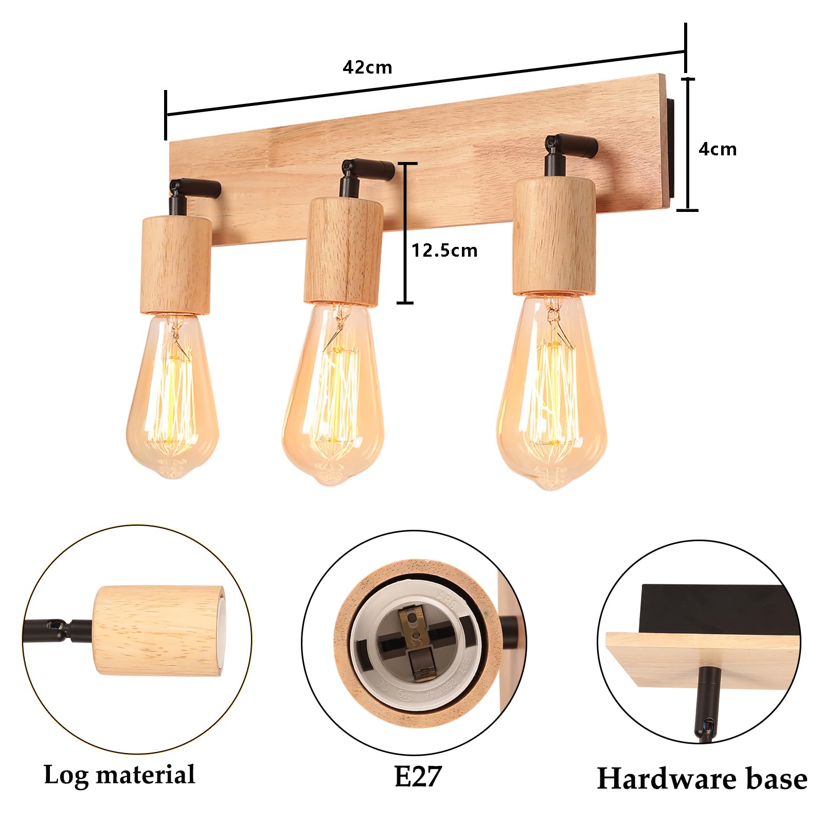 LIGKIN Vintage E27 Interior Wall Lamp Wood Head Lamp 3 Spots for Bedroom Living Room Hallway - Image 4